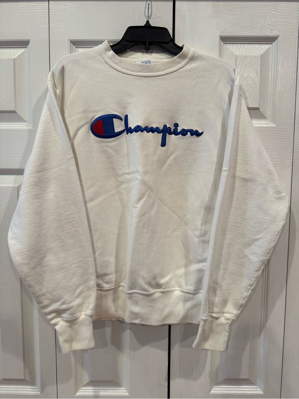Men’s Champion White Reverse Weave Chain Stitch Script Logo Crew Sweatshirt